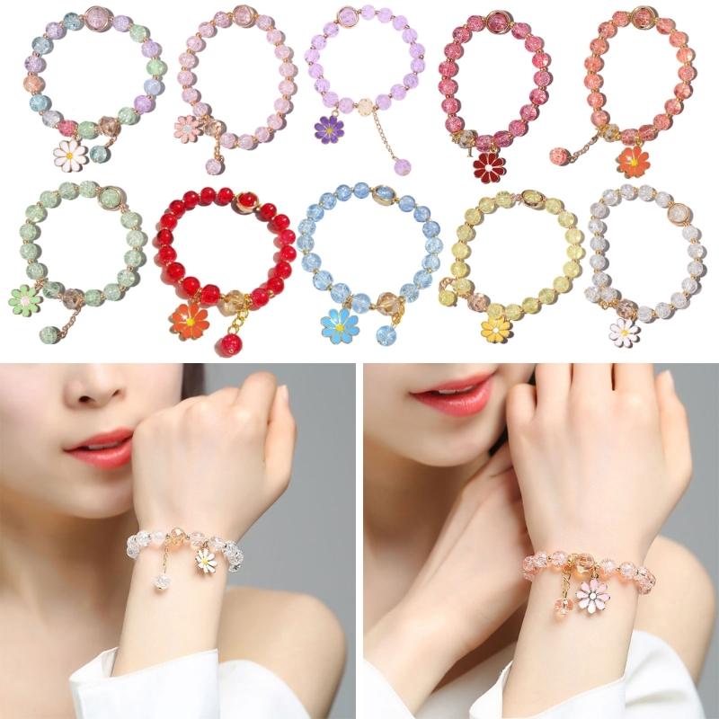 Elegant Crystal Flower Beaded Bracelet for Women Strand Beaded Bracelet Jewelry Strawberry Daisy Flower Wristband Chain