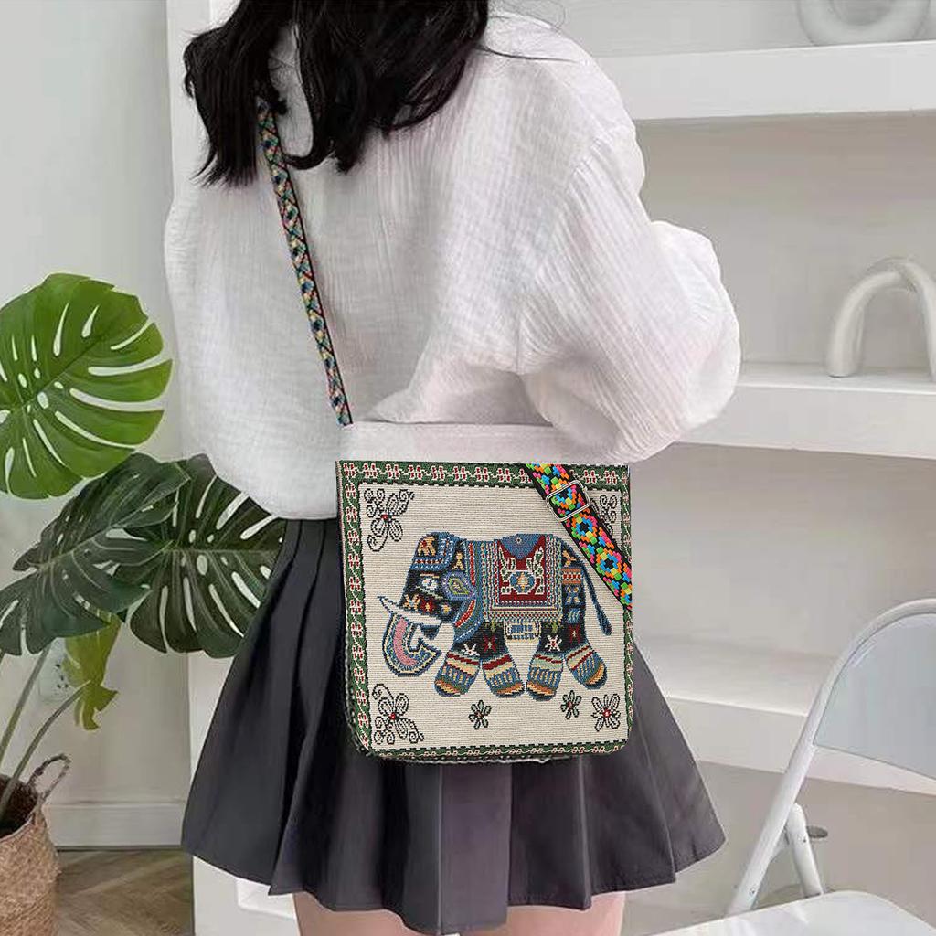 Elephant Hobo Women Messenger Shoulder Bag Handmade Embroidered Wide Adjustable Straps Large
