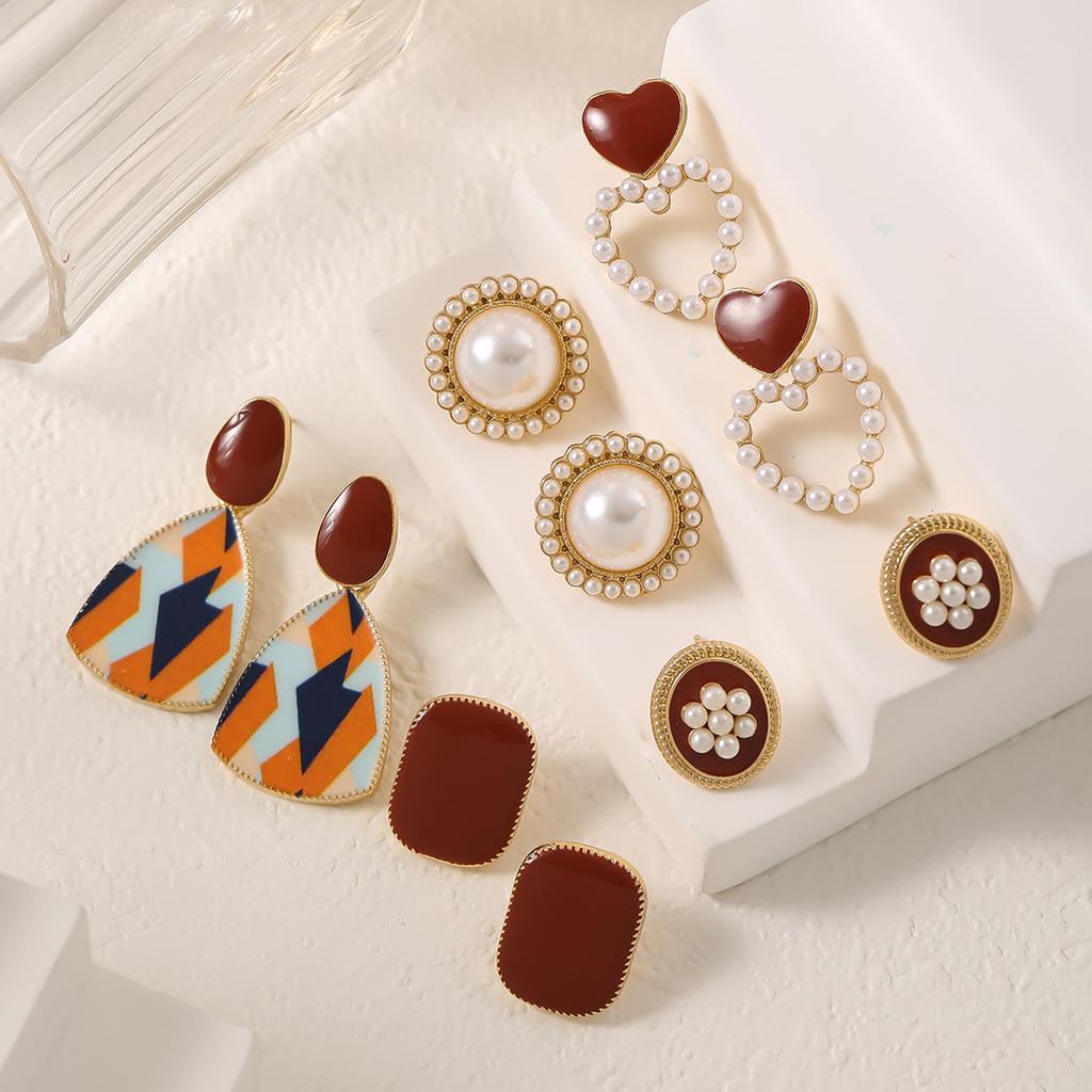 Women Boho All Match Love Heart Pearl Resin Geometry Ear Stud Earring Set