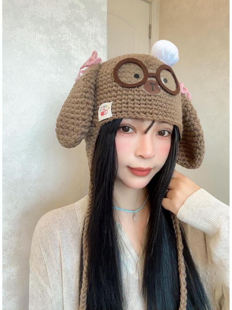 Damen-Wollmütze Herbst/Winter 2025 mit lustigem Welpenohren- und Brillen-Design