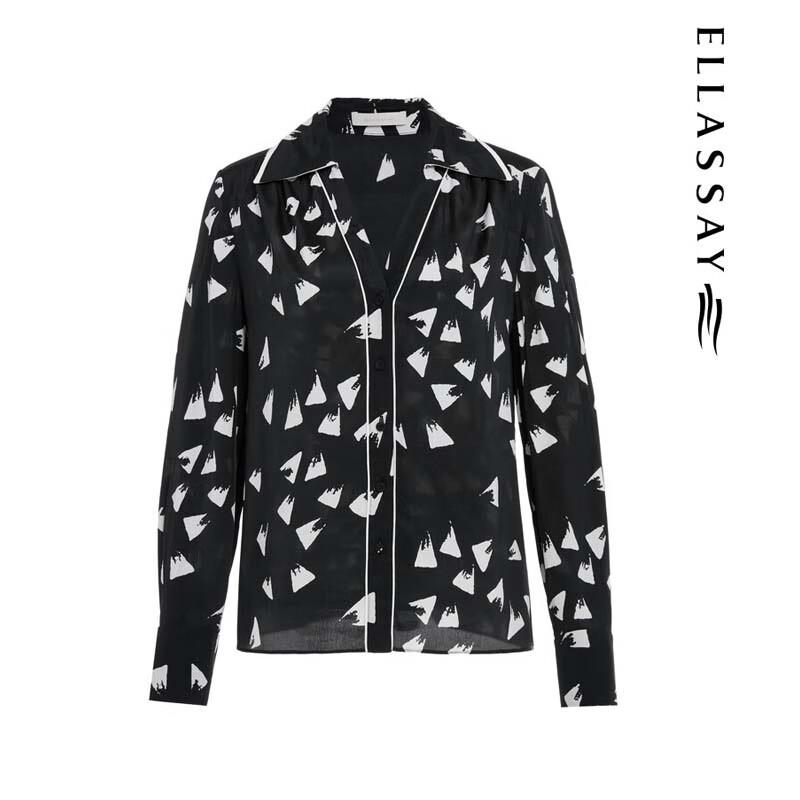 ELLASSAY Women's Mulberry Silk Blend Irregular Hem Slanted Placket Lapel Shirt