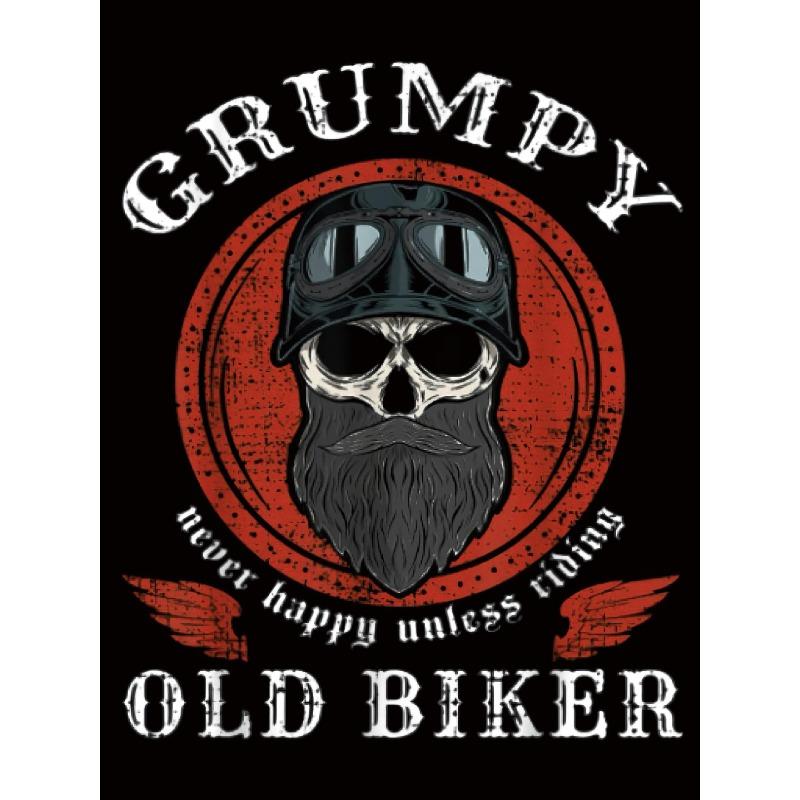 European Size Men'S Oversized 3D Graphic T-Shirt - Biker-Inspired "Grumpy Old Biker" Slogan & Skull Print, Black with Red Lettering