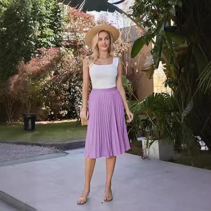 European & American Pleated Mid-Length Skirt – Elastic High Waist, Slimming Fit