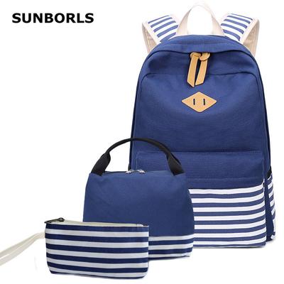 SUNBORLS Canvas Striped Backpack Women's Korean Version of The New Casual Backpack Three-piece Set Middle School Student Schoolbag Women