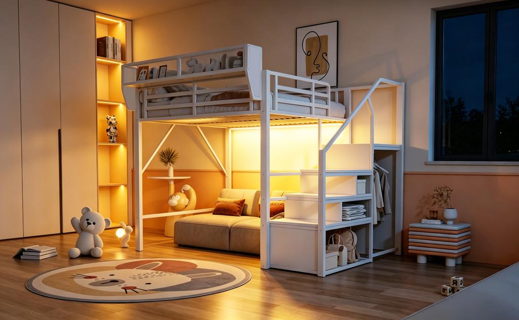 Loft Bed 140x200 with LED Light Strip, Safety Ladder and Flexible Storage Metal Bed Adult Bed Children's Bunk Bed White