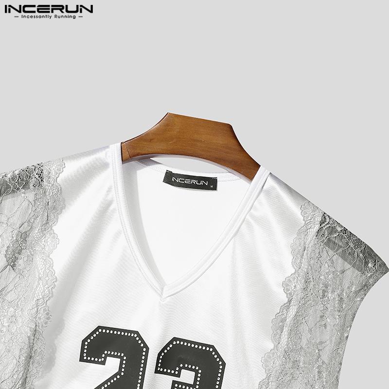 INCERUN Men V Neck Sleeveless Lace Hem Letter Patchwork Casual Tank Tops Undershirts