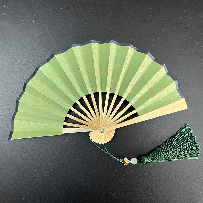 Ventaglio pieghevole mini in carta Xuan verde scuro dorata da 4-6 pollici per calligrafia e pittura