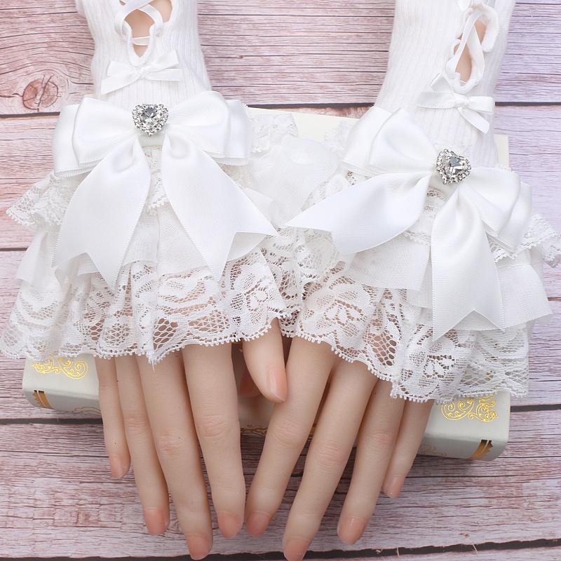 Sweet Lolita Lace Bow Rhinestone Hand Sleeves False Sleeves Lolita Hand Sleeves for Women's Jewelries