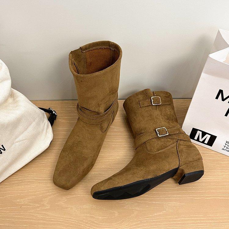 

Нишевая замшевая ретро пряжка ремня ботильоны на платформе женские 2025 новые французские на толстом каблуке универсальные и стройнящие ботильоны-мартин средней высоты 40 верблюд