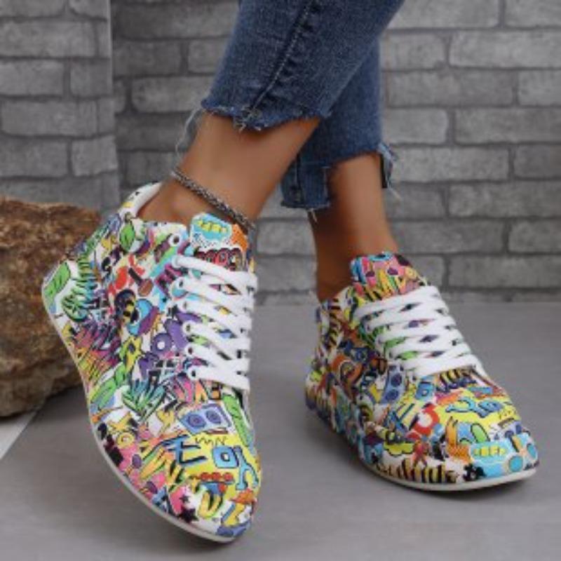 

Fashion painted graffiti large size sports women s shoes, spring new women s outer wear lace-up comfortable platform white shoes 43