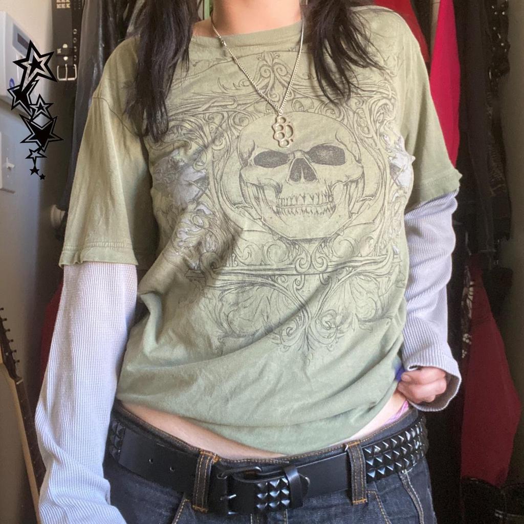 STREETRICH Y2K Grunge Emo Vintage T-shirt 2000s Cross Cyber Goth Patchwork Long Sleeve Tees E-girl Gothic Harajuku Loose Tops Women