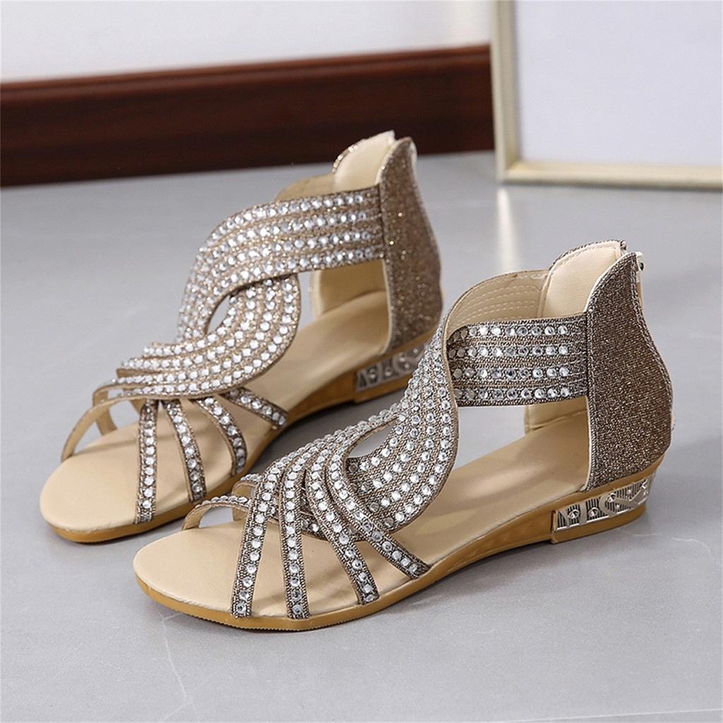 Sandals Women Women'S Ladies Fashion Vintage Crystal Outdoor Hollow Out Zip Up Sandals Shoes Womens Sandals Pu