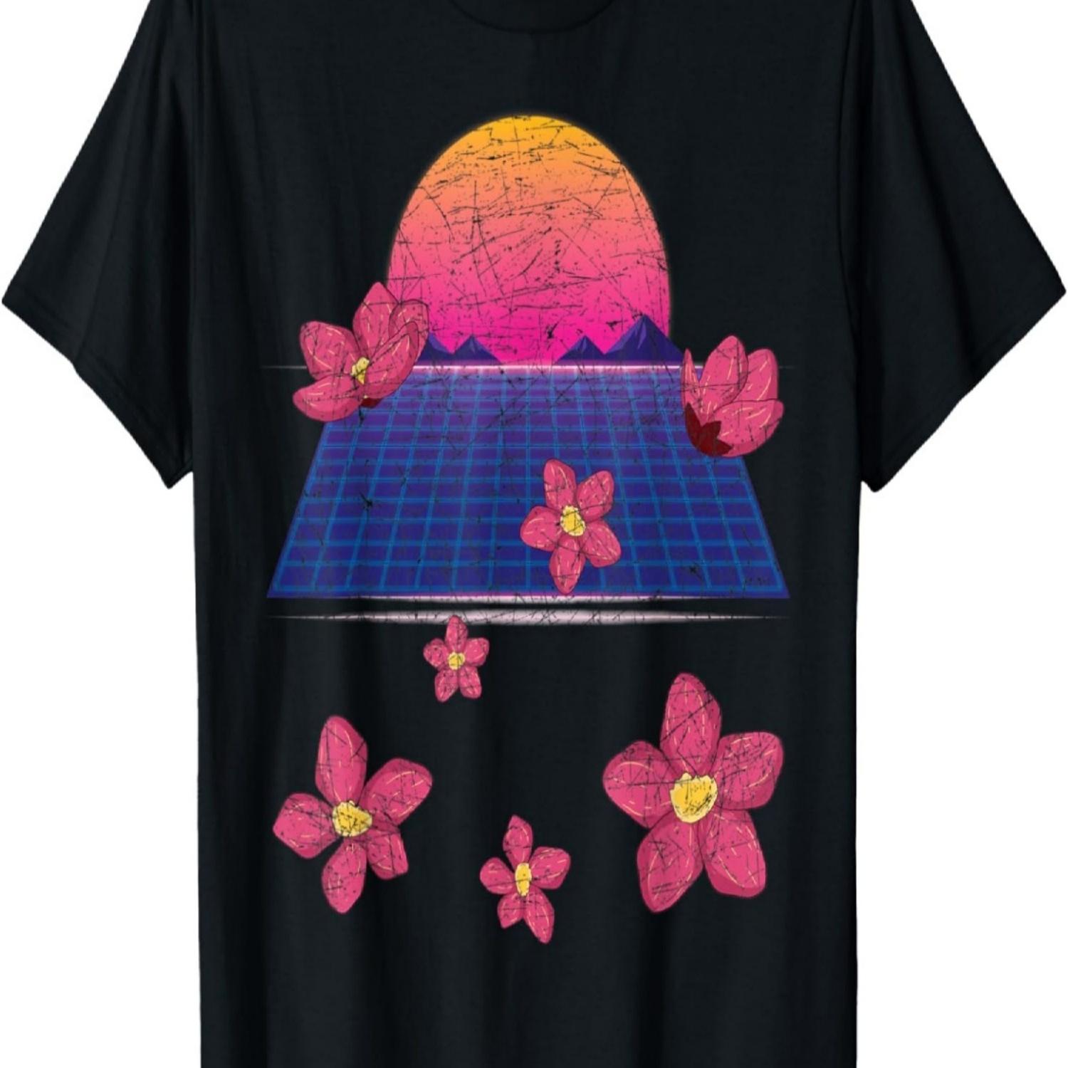 Sakura Flower Blossom 90s Vaporwave Sunset Cherry Blossom T-Shirt(1) S чёрный