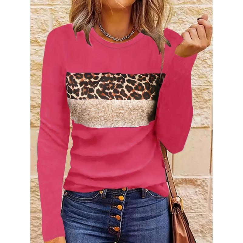 Women Fashion Leopard Printed T-Shirts Basic Casual O Neck Full Long Sleeve Tee Shirts Ladies Chic Knitted Tops
