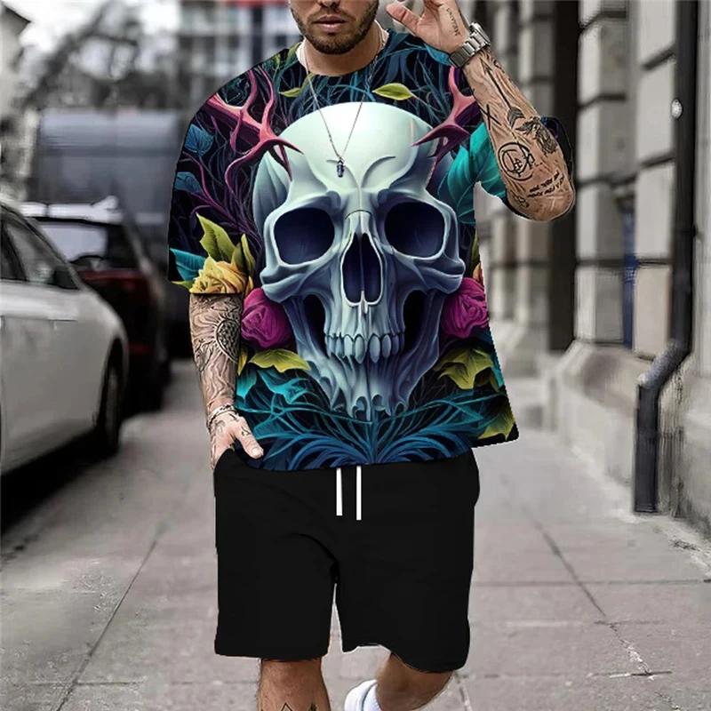 Retro Skull Print Set Men's T-shirt + Shorts 2-piece Set Men's Fashion T-shirt