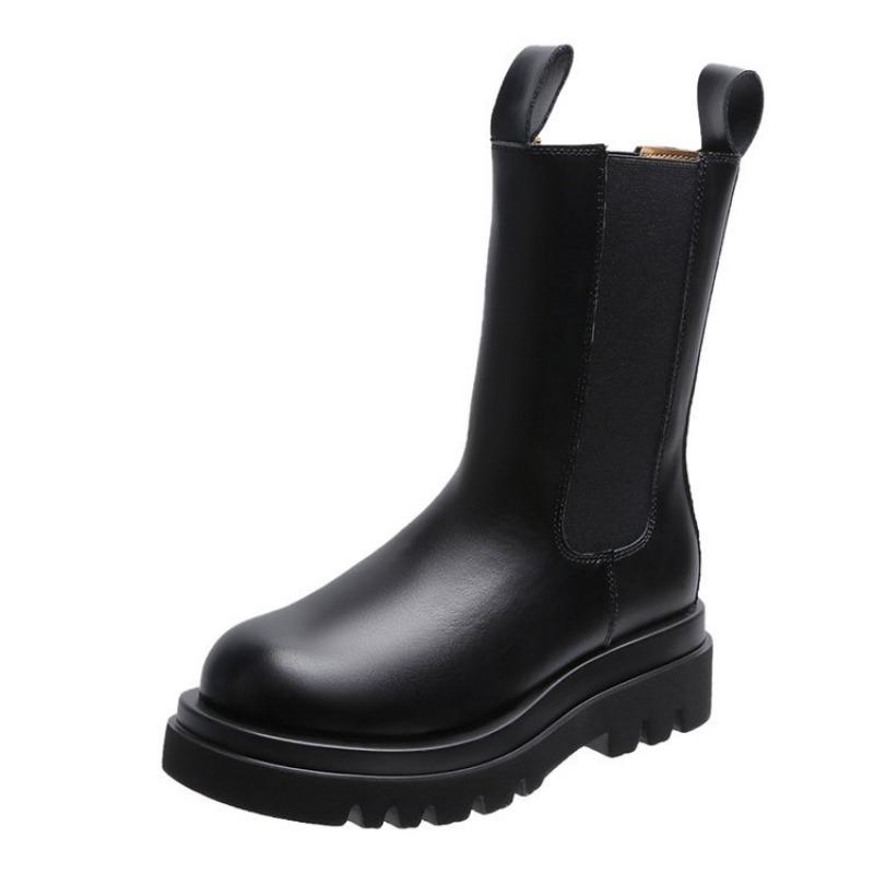 Autumn and winter trend women's leather boots round head thick sole medium tube Chelsea boots street fashion women's shoes
