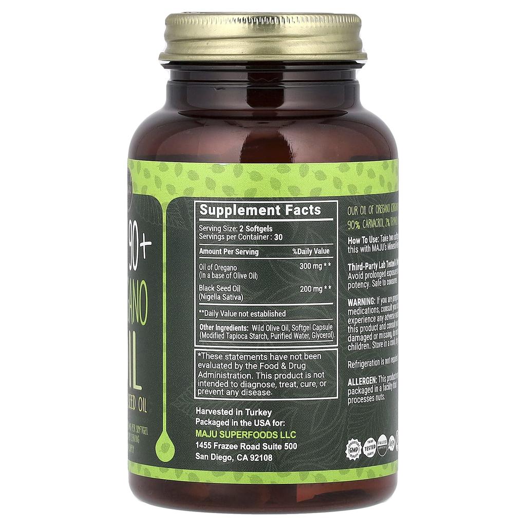 Maju Superfoods CV 90+ Oregano Oil + Black Seed Oil, 60 Softgels
