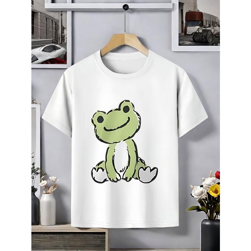 European sizes ' Pink Cute Frog Print T-Shirt - Soft Short Sleeve Summer Top with Green Frog & White Belly Design, Round Neck Casual Playwear for,