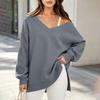 Damen Casual V-Ausschnitt Langarm Farbiger Lockerer Schnitt Sweatshirt mit Seitenschlitz