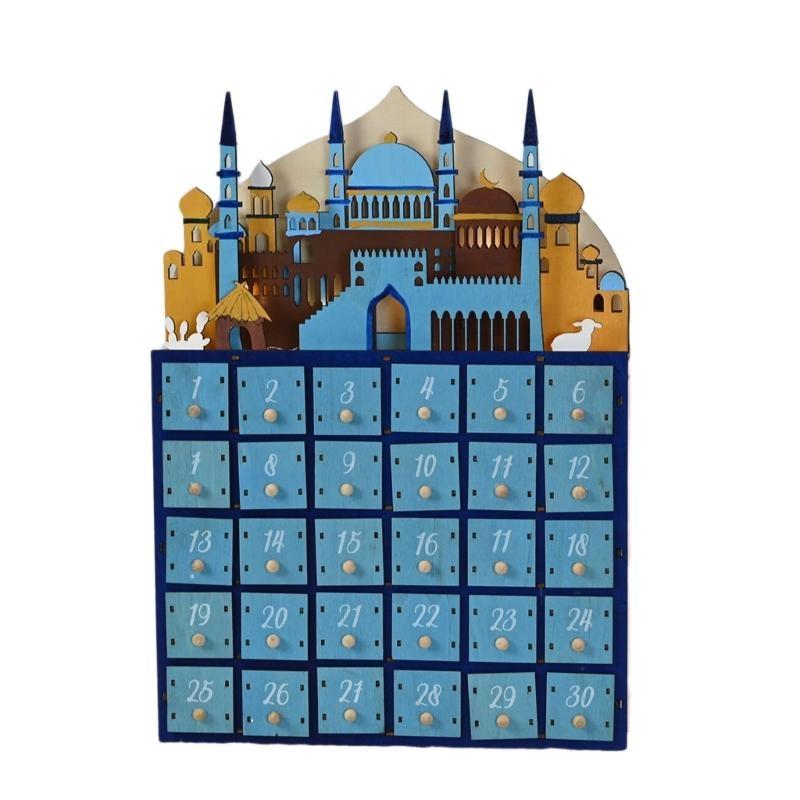 652F Islamische Wohnaccessoires Eid Ramadans Adventskalender mit LED-Beleuchtung und 30 kleinen Schubladen Muslimische Partyartikel