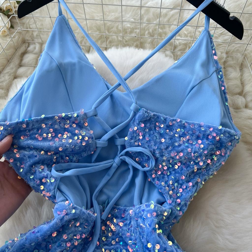 Autumn Winter Women Sexy Spaghetti Strap Open Back Evening Party Dress Sequined Long Maxi Mermaid Christmas Dresses