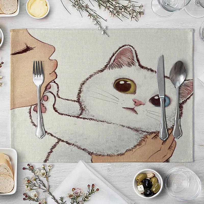 40x30cm Linen Cat Print Table Mat Cute Cat Cartoon Animal Pattern Placemats For Children Kids Kitchen Dining Place Mats Pads
