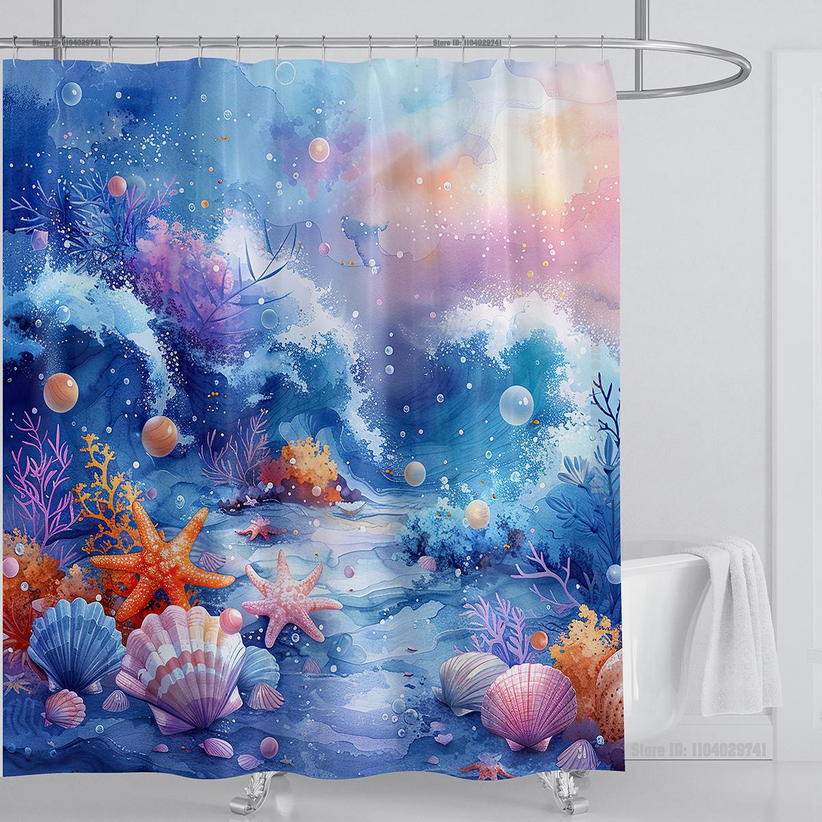 

Морская ракушка Морская звезда Шторка для душа Водонепроницаемая шторка для душа Полиэстеровая ткань 3D-принт Шторка Украшение для ванной комнаты С крючком W240xH180cm