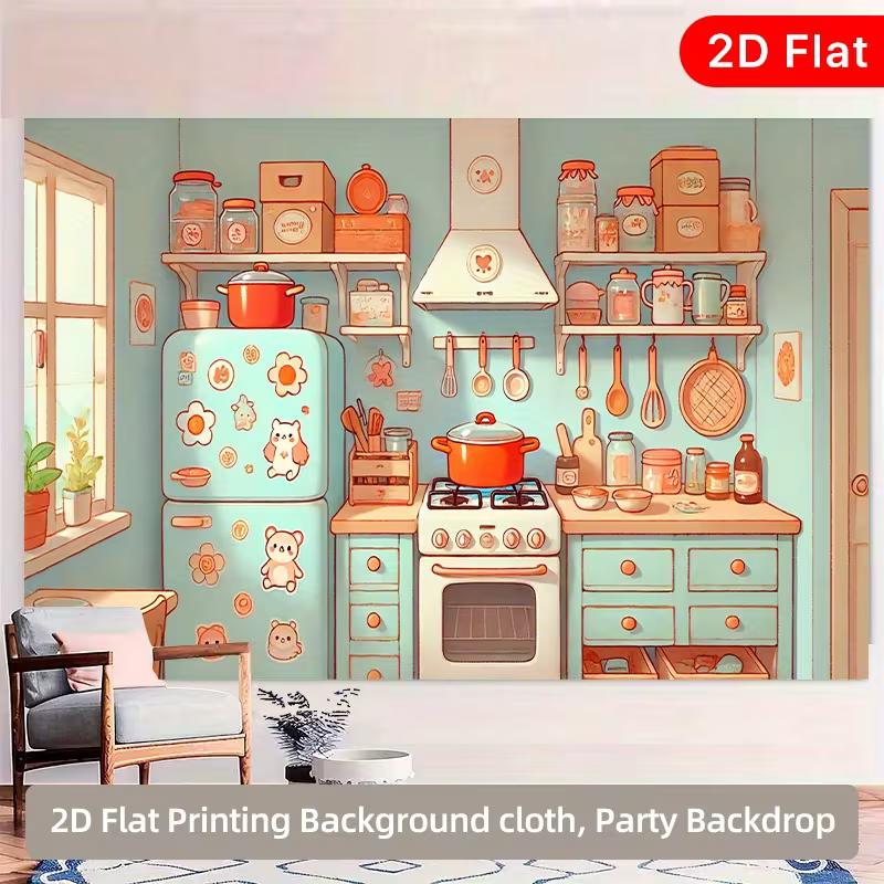 2D Cute Cartoon Kitchen Backdrop Kids Cooking Photography Background Banner