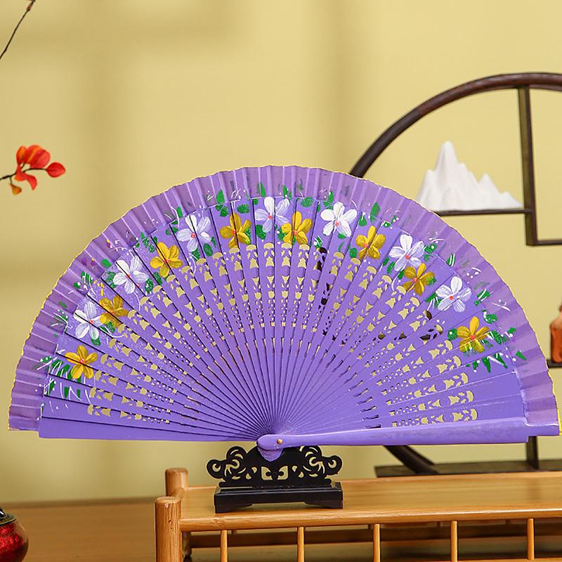 1Pc Chinese Style Double-Sided Folding Fan Hollow Double-sided Craft Gift Dancing Printing Wood Spanish Hand Fan Party Supplies
