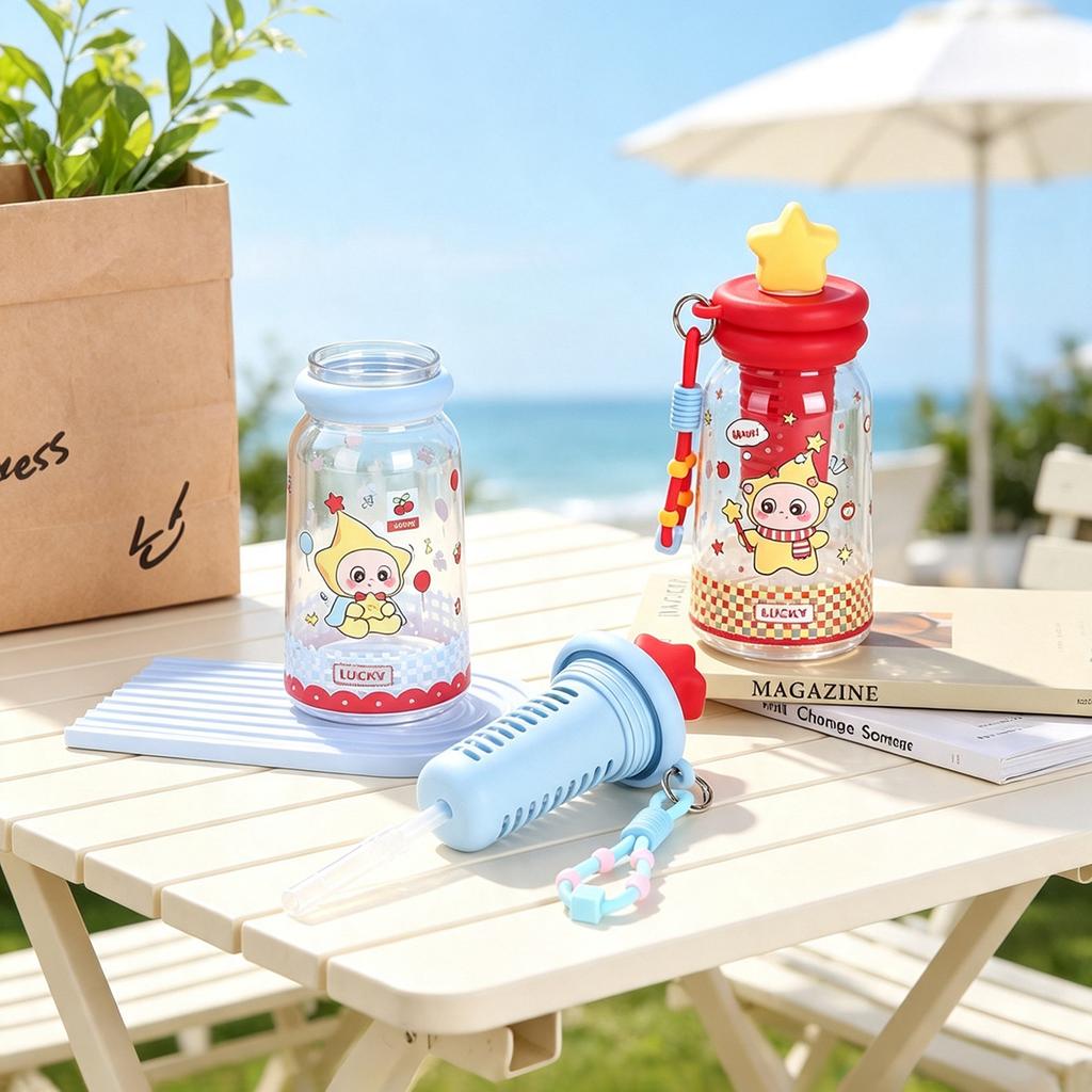 Water bottle creative cartoon straw cup tea separation high temperature resistant plastic cup students go to school portable cup