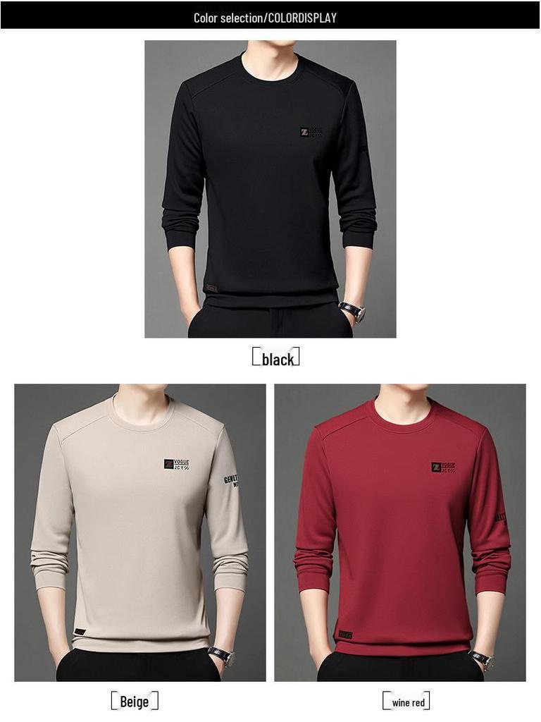 Men's Long Sleeve Round Neck Sweatshirt - Thick Velvet, Warm Base Layer for Autumn/Winter Fashion