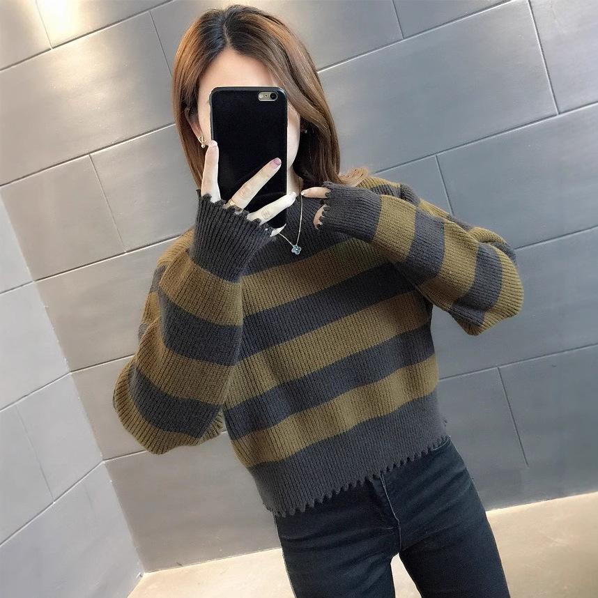 European Station autumn and winter new versatile lazy crew neck knitted sweater retro style long sleeve striped contrasting color pullover sweater