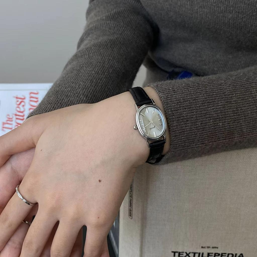 Fashion Retro Brands Watch for Women, Black Gray Oval Small Dial, High-end Commuting Leather Quartz Ladies Watches Gift