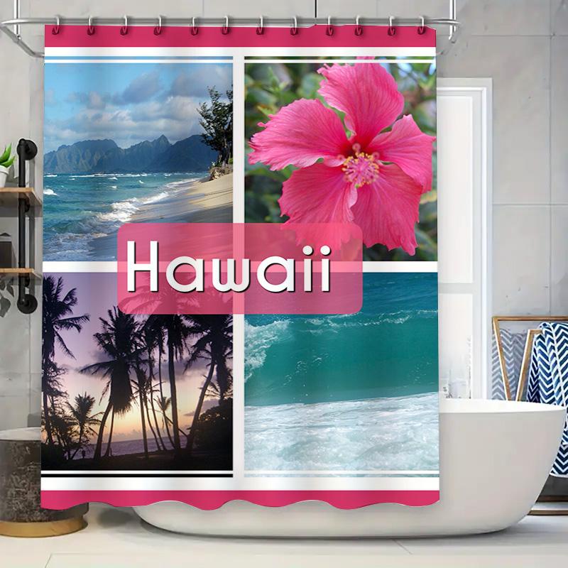 

Summer Breezy Pink Hibiscus Shower Curtain Set for Bath Decoration Hawaii Beach View with Palm Trees Blue Sea White Sand 72x78 90x180cm