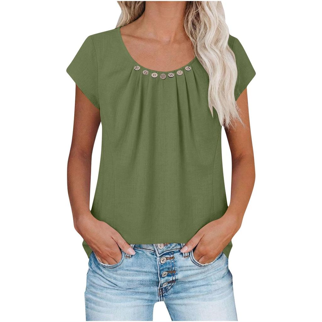 Women's Casual Pleated Button-Up Short-Sleeve T-Shirt Top