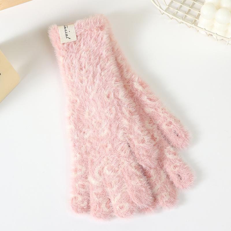 Winter fashion cycling anti-cold dew finger warm gloves can be female leopard print thickened knitted finger wool gloves
