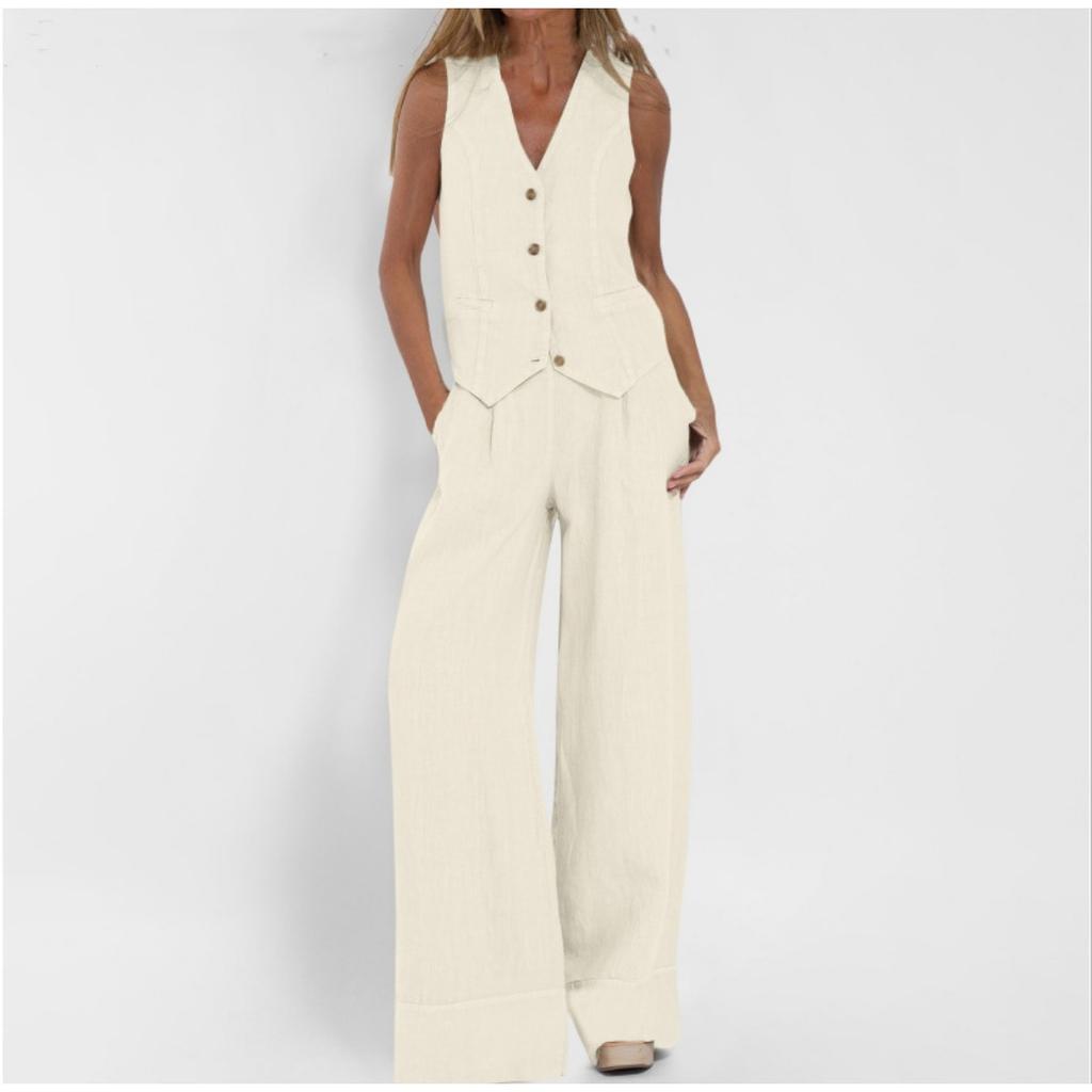 Fashion Vest, Pants, Patchwork, Cotton and Linen Casual Suit for Women