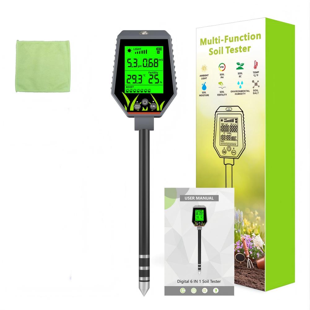 Yieryi 6-in-1 Digital Soil Tester Meter for PH,Moisture,Fertility,TempSunlight&Humidity Portable Soil Nutrient Analyzer with LCD
