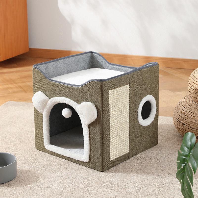 Double Layered  Pet Cat House Large Foldable Cat Bed Four Season Universal Cats with Ball Hanging Cube Beds Pet Supplies & Pet