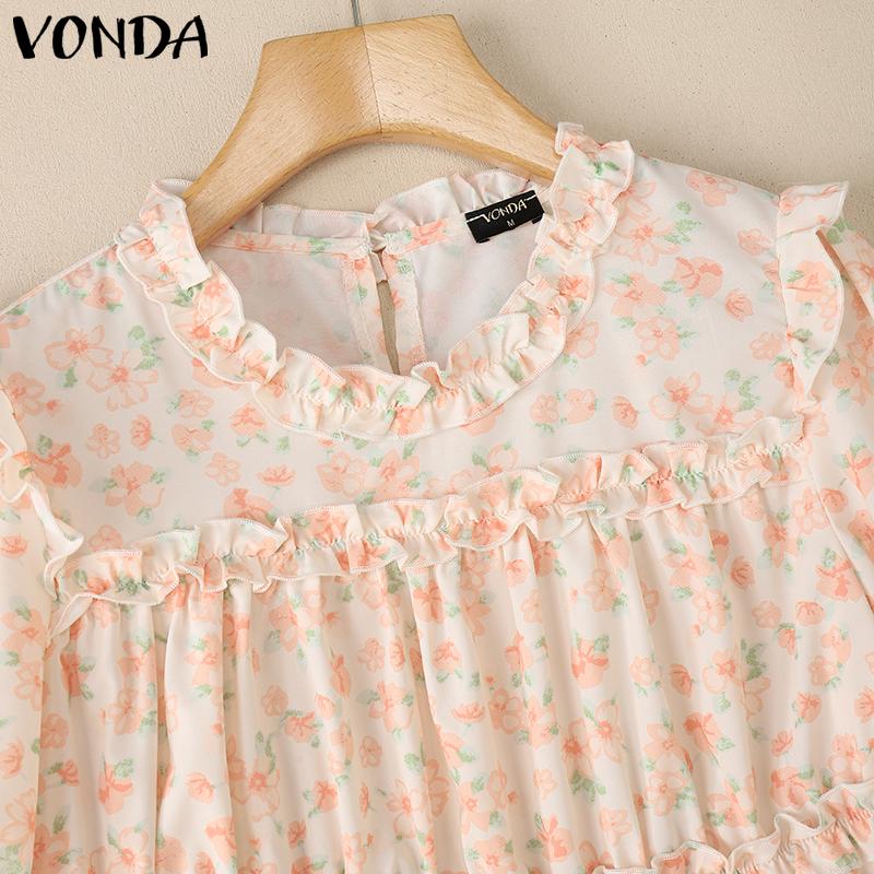 VONDA Women Elegant Puff Sleeve Floral Print Ruffled Casual Blouse