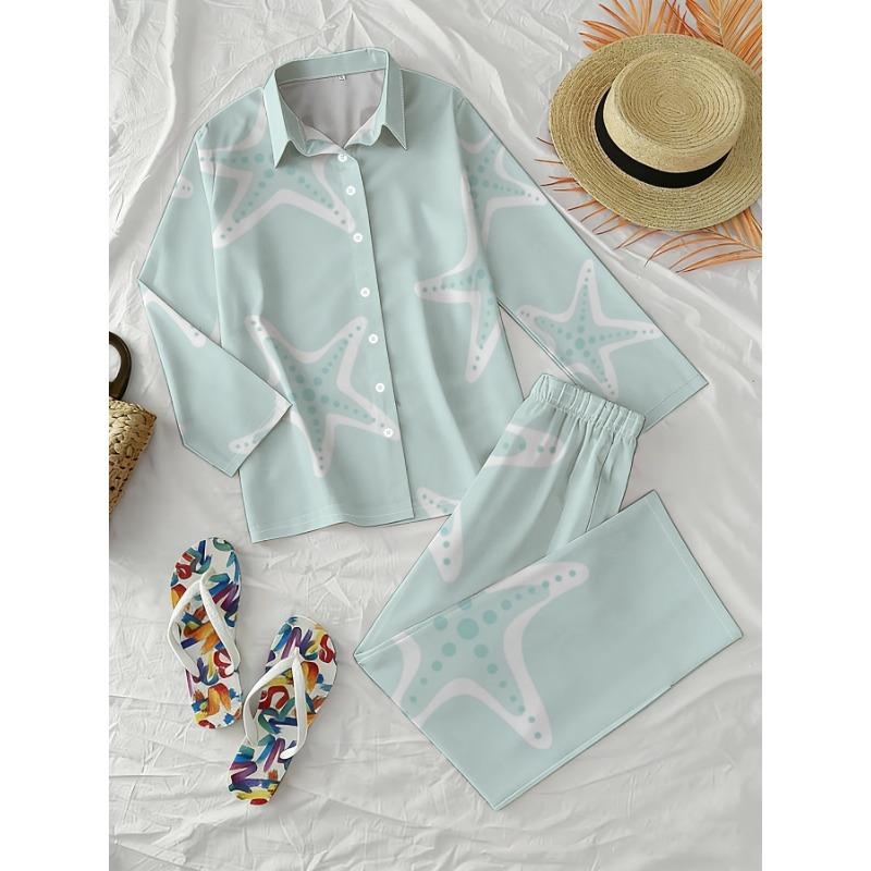 Light Blue and White Starfish Print Shirt Wide-leg Pants Suit Women's Fresh Ocean Style Long-sleeved Trousers Two-piece Set