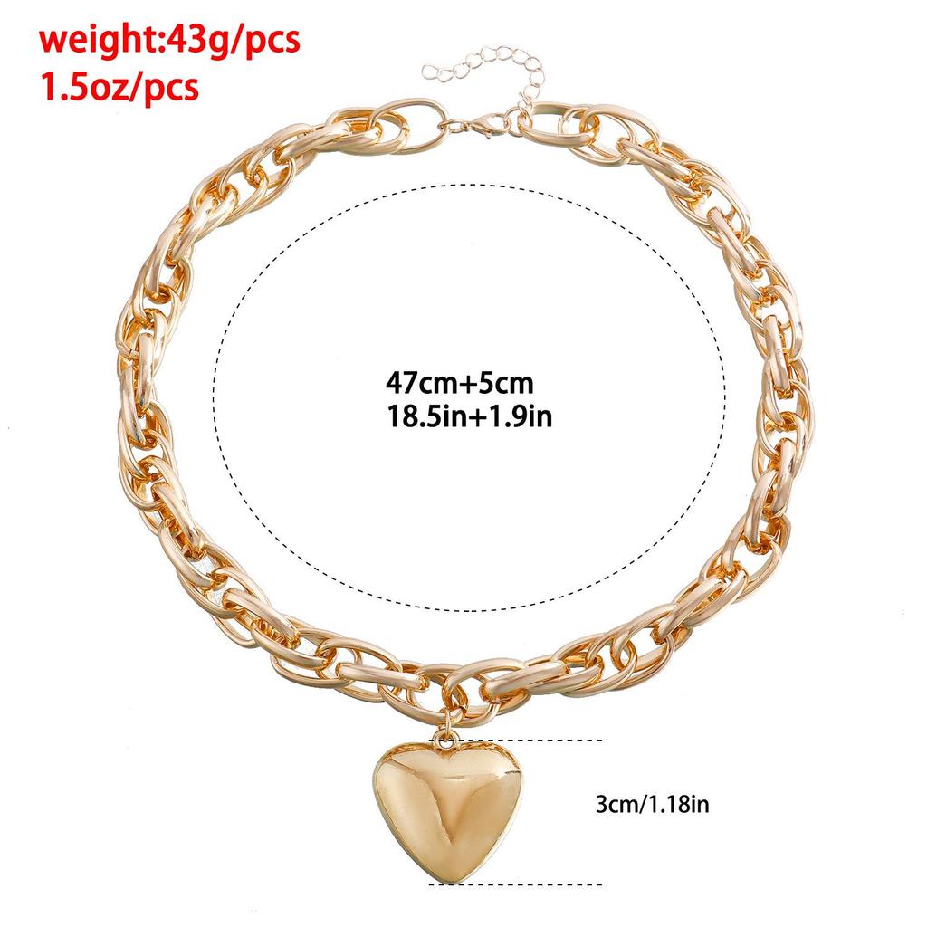 Chunky O-Chain Heart Pendant Necklace: European & American Cool Style with Exaggerated Hollow Peach Heart Design