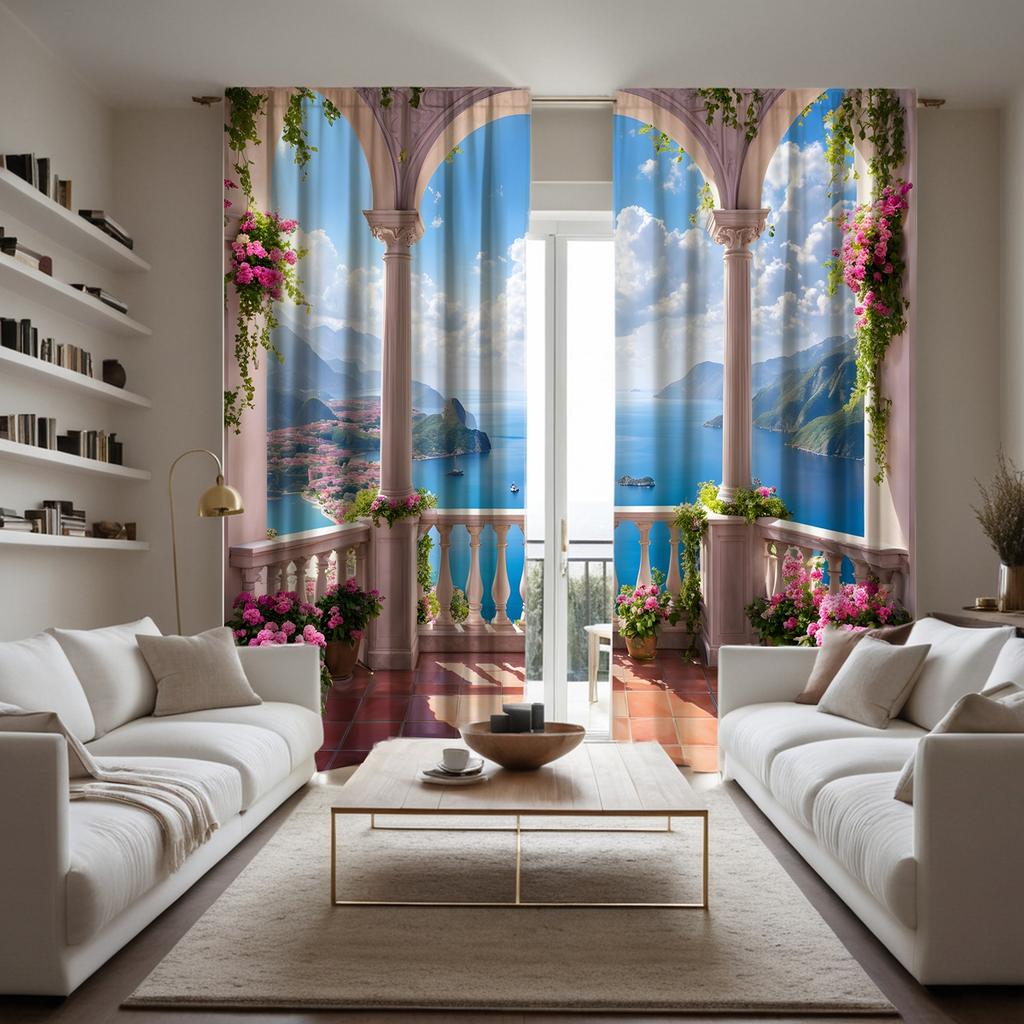 2 st höga Qing sjöpaviljong Blå himmel blomlandskap dekoration gardin Blå digitaltryckt gardin Hemdekoration st