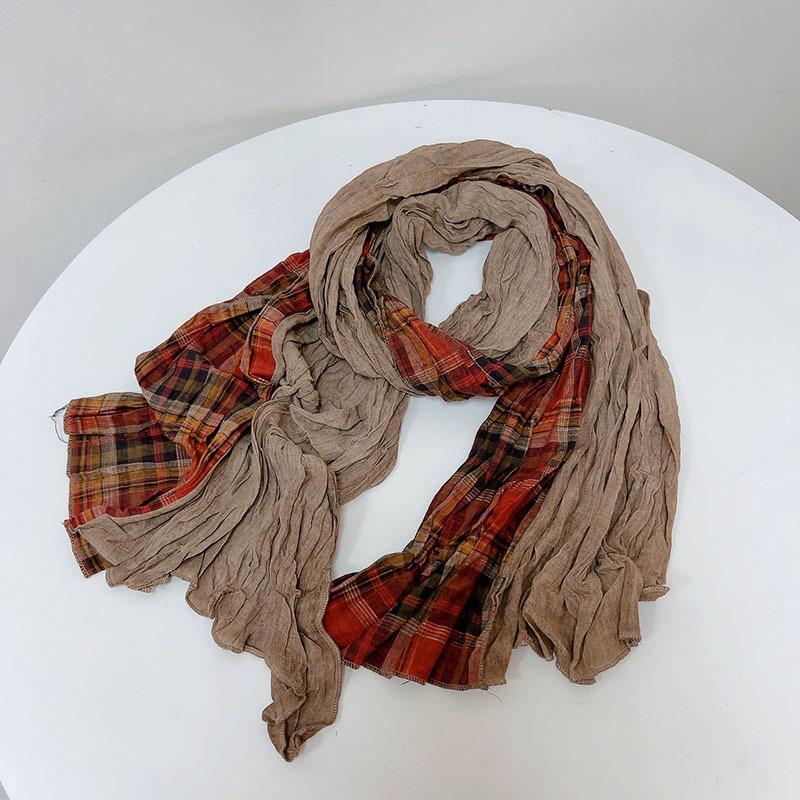 Johnature Cachecol Japonês Feminino Patchwork Vintage Cor de Destaque Elegante Quente Plissado Outono Inverno Cachecol Xale