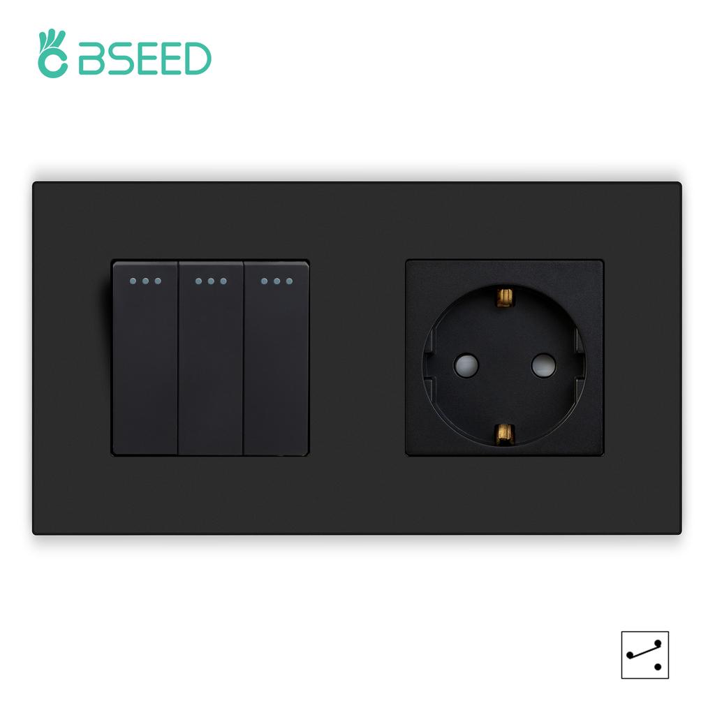 BSEED 1/2/3Gang Mechanical Button Switches 2Way For Stairs Plus EU Sockets USB Type-c Power Ports Matte Plastic Frames Black