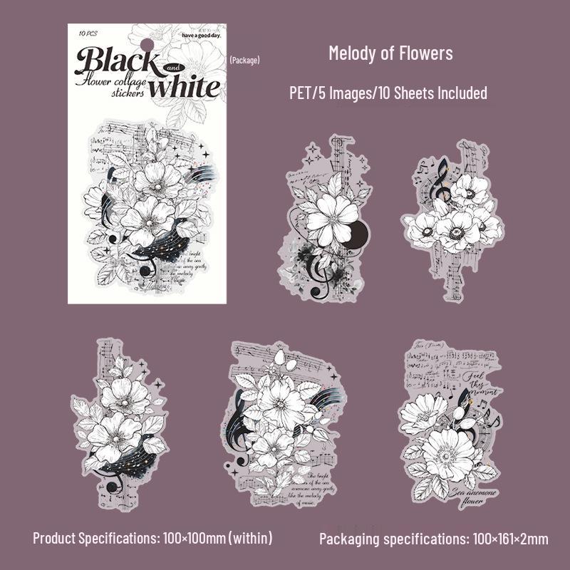 Beautiful Day Large Black & White Floral Shadow Stickers for Journals & DIY Phone Cases