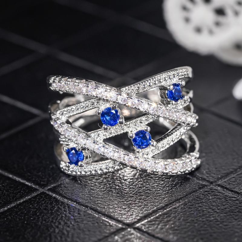 Huitan Novel Wide Cross Design Rings with White/Blue Cubic Zirconia Trendy Luxury Wedding Band  Women Charms Accessories
