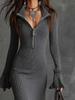 2025 Autumn European & American Elegant Zipper Lapel Bell Sleeve Knit Fishtail Skirt