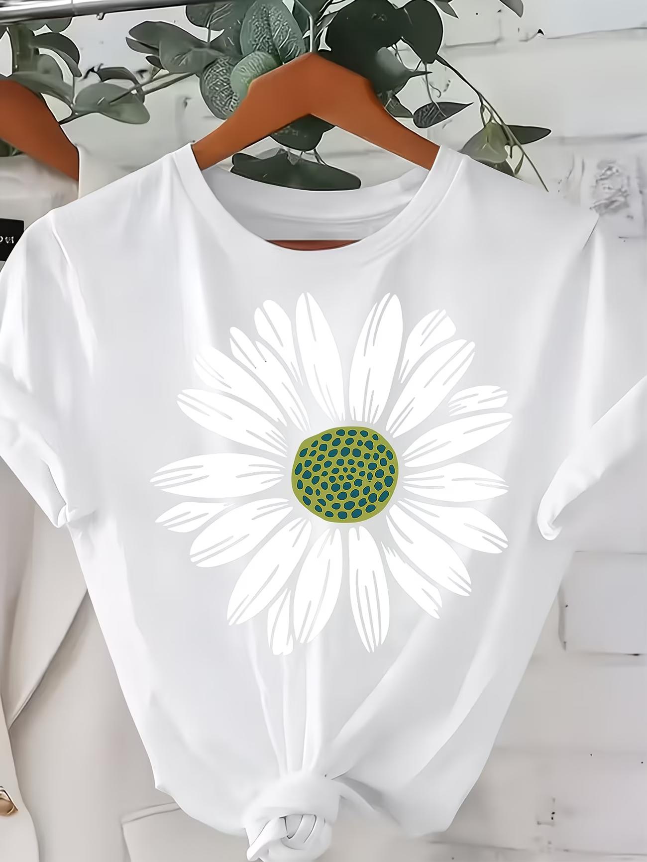 

Womens Crew Neck TShirt Bold White Daisy Graphic Tee GreenYellow Center Print Top Comfortable Loose ShortSleeve Shirt S