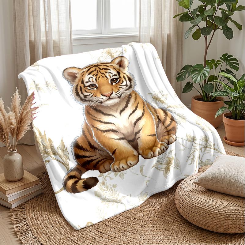 Tiger Bathing In Flowers Theme Blanket Lightweight Warm Flannel Blanket Decorative Throw Blanket for Home Decoration